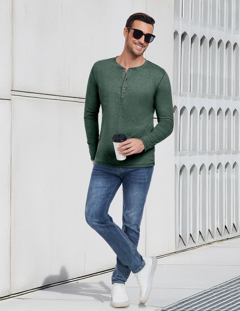 PEGENO Men's Casual Slim Fit Long Sleeve Henley T-Shirts Cotton Shirts (US Large, A2 VG-Green) - Image 5